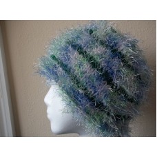 Hand knitted fuzzy & warm beanie/hat  striped green and blue  eb-49917158